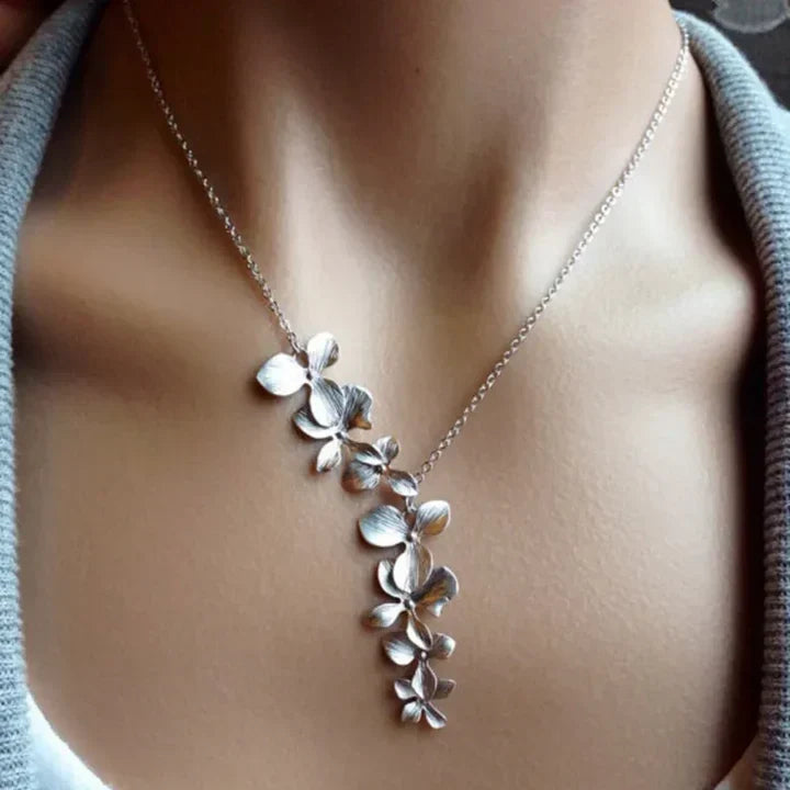 Cascading Flower Drop Pendant Necklace in Silver Colour