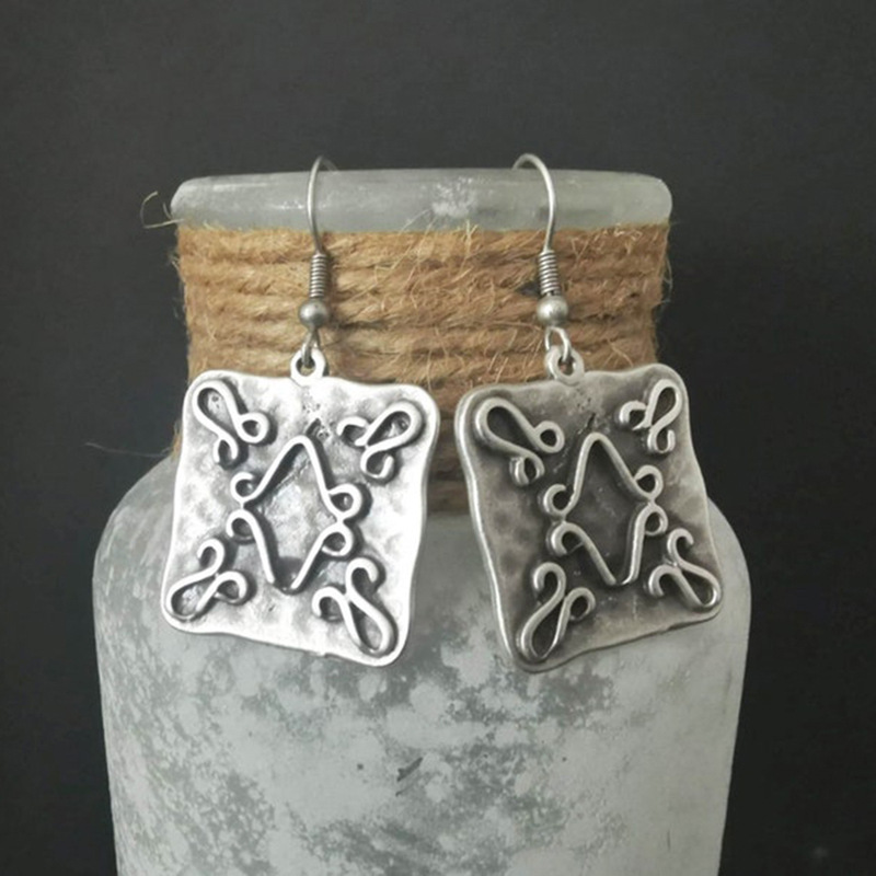 Square Ornate Drop Earrings in Silver Colour with Heirloom Detail
