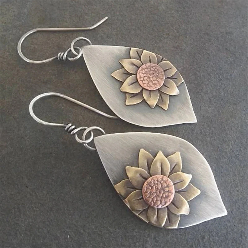 Leaf Earrings with Sunflower Accent in Silver Colour