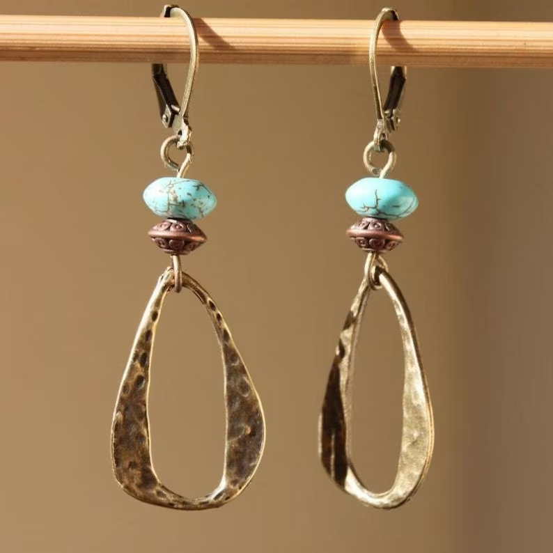 Vintage-Style Blue-Green Stone Circle Earrings with Earthy Tone