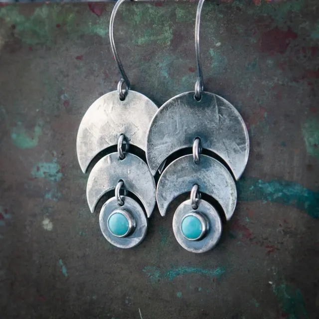 Vintage-Style Blue-Green Stone Earrings in Silver Colour