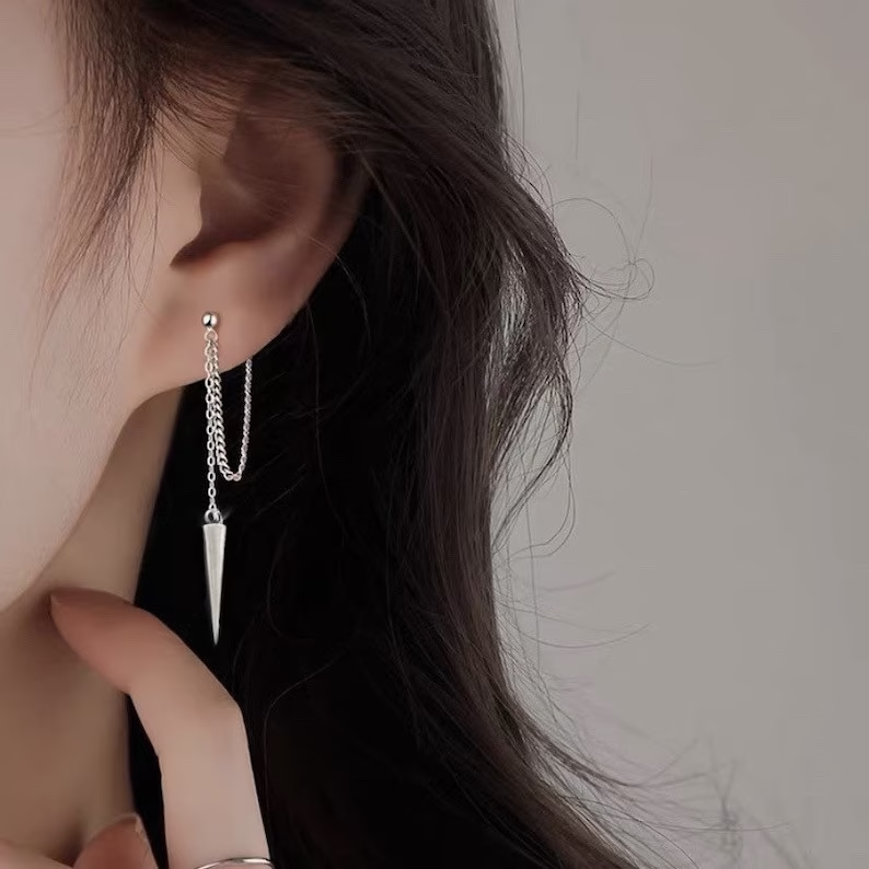 Long Spike Threader Earrings in Silver Colour with Sleek Line