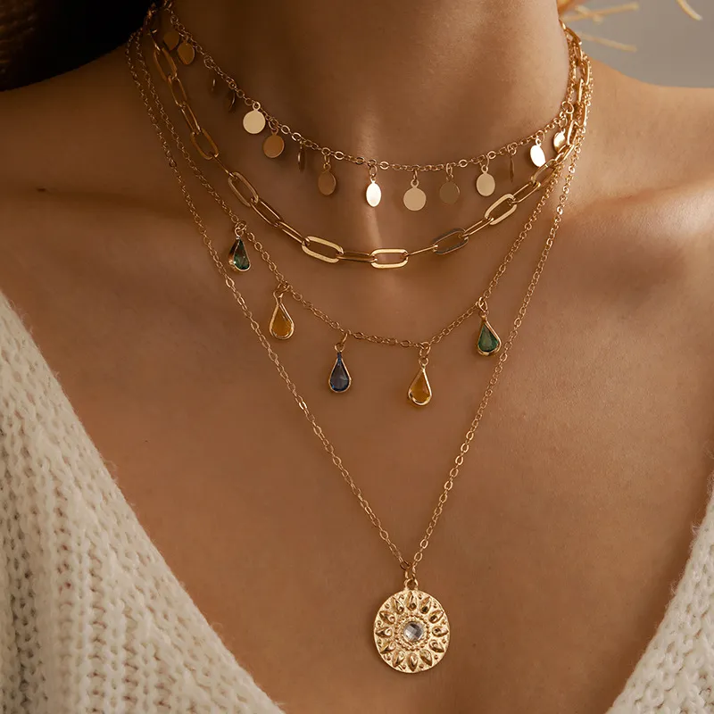 Vintage-Style Layered Sun Disc Necklace in Gold Colour