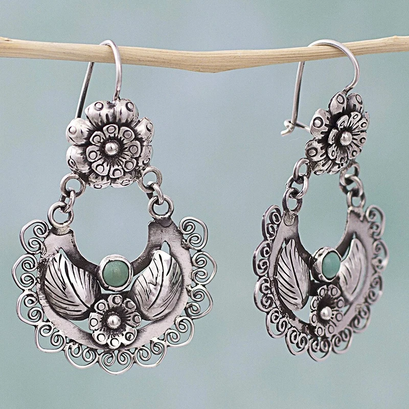 Vintage-Style Flower Dangle Earrings in Silver Colour