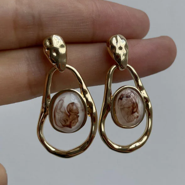 Vintage-Style Irregular White Stone Earrings in Gold Colour