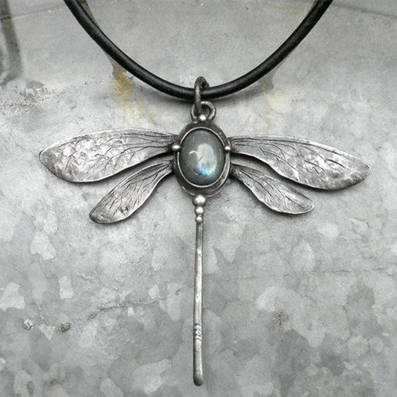 Vintage-Style Dragonfly Pendant with Blue Stone in Silver Colour