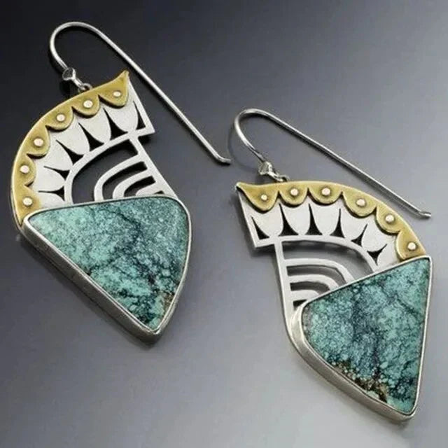 Vintage-Style Crown Earrings with Blue-Green Stone