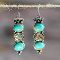 Three-Stone Blue-Green Dangle Earrings in Silver Colour