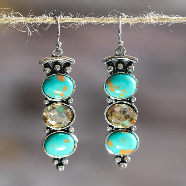 Three-Stone Blue-Green Dangle Earrings in Silver Colour