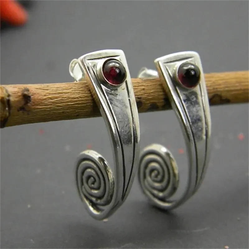 Vintage-Style Spiral Earrings with Red Stone and Vivid Accent