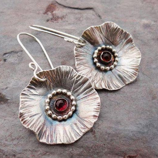 Vintage-Style Blossom Earrings with Red Zirconia in Silver Colour