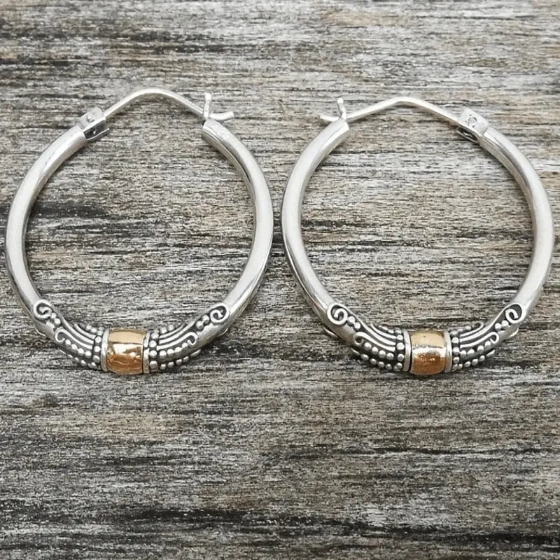Vintage-Style Carved Pattern Hoop Earrings in Silver Colour