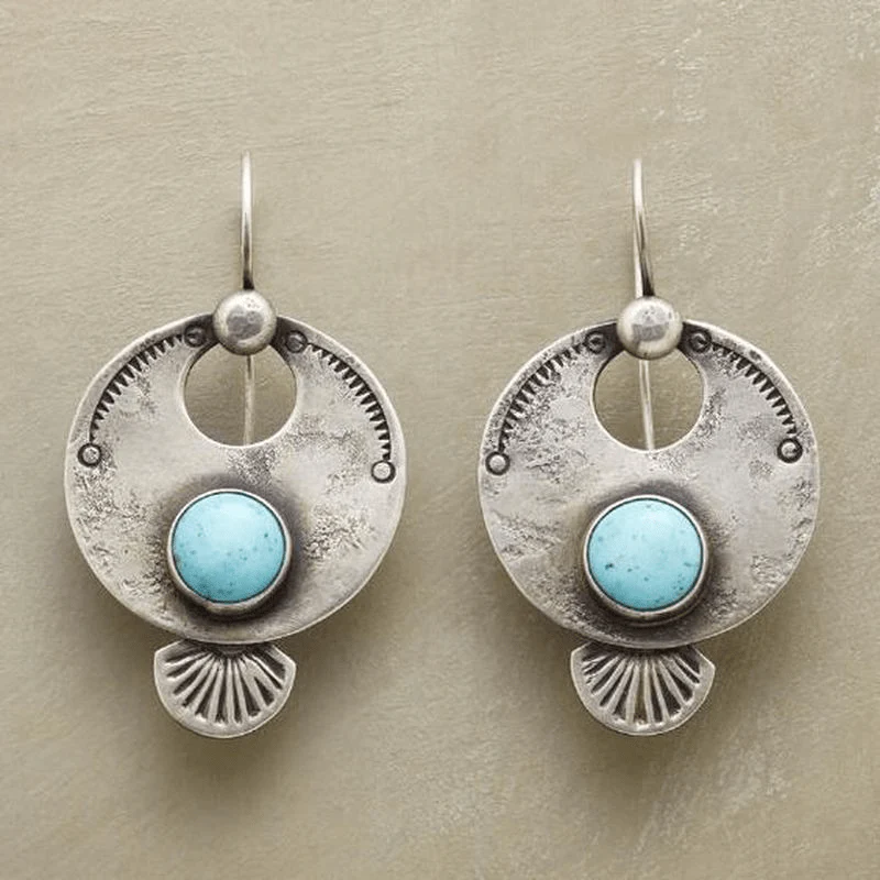 Vintage-Style Round Blue-Green Stone Earrings with Simple Setting
