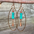 Blue-Green Bead Oval Hoop Dangle Earrings with Vintage Look