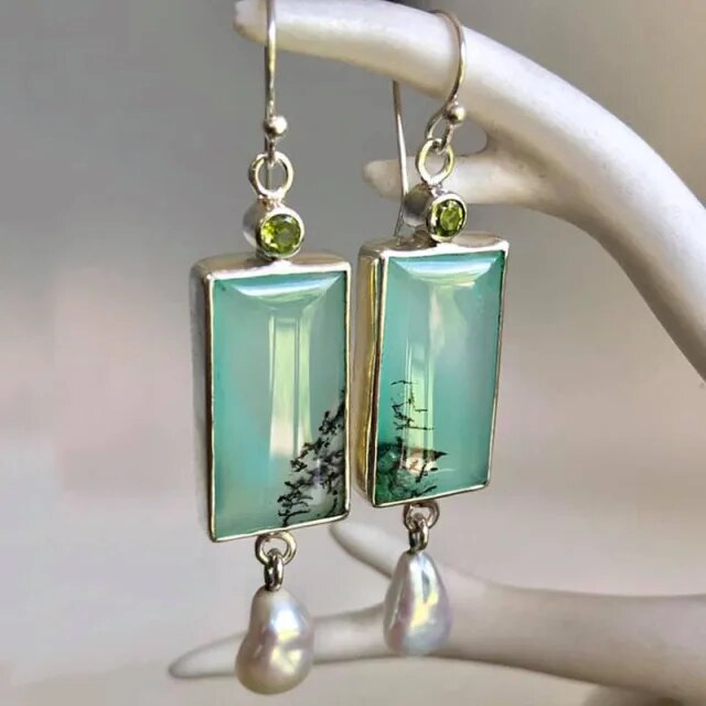 Rectangular Blue-Green Stone and Faux Pearl Earrings
