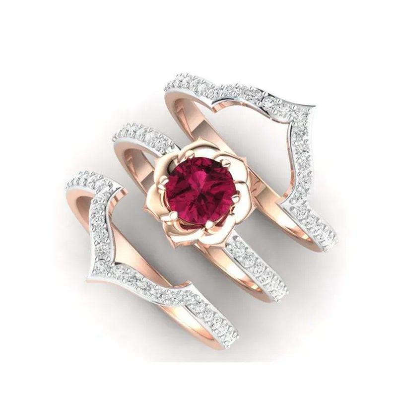 Ringset i vintagestil med röd kristall och zirkonia i rik färg
