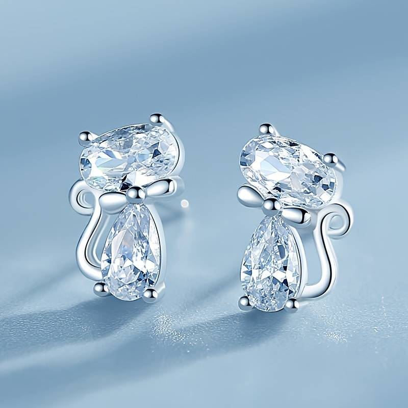 Vintage-Style Zirconia Cat Earrings with Playful Sparkle
