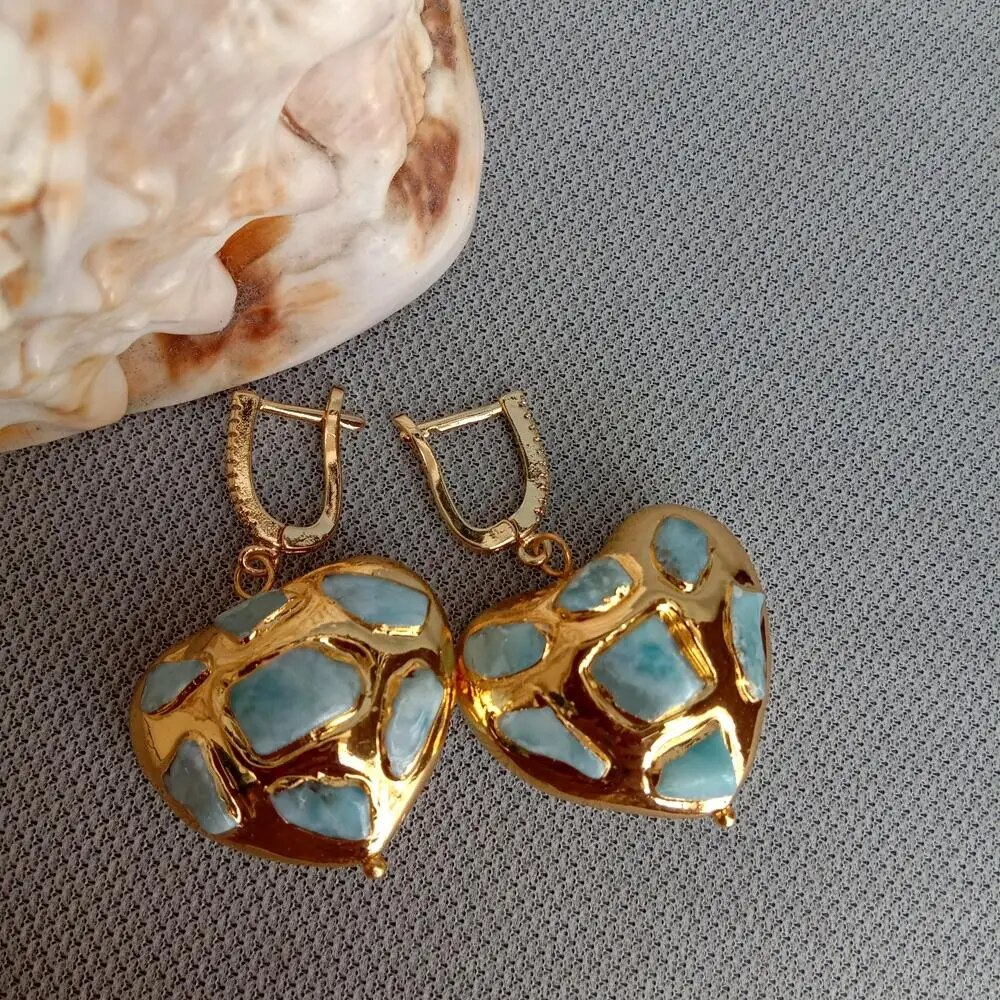 Blue-Green Stone Heart Earrings in Gold Colour with Romantic Shape