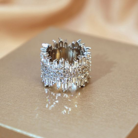 Wide Cuff Ring with Crystal Cluster Band in Silver Colour
