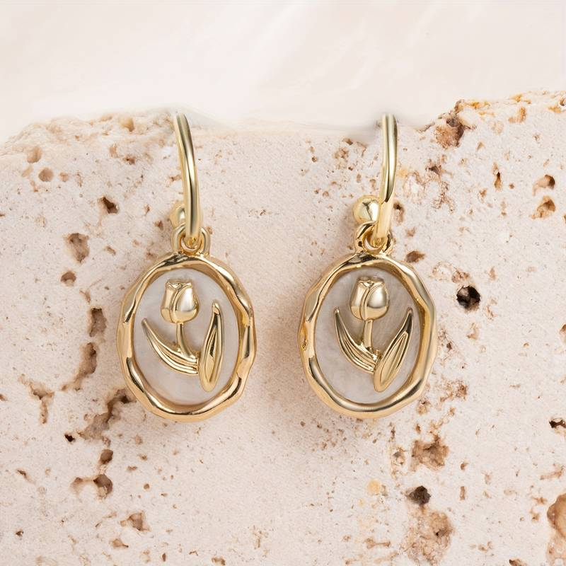 Vintage-Style White Rose Earrings in Gold Colour with Soft Petals
