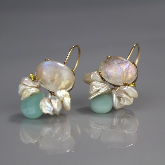 Blue-Green Stone and White Crystal Earrings with Lively Contrast