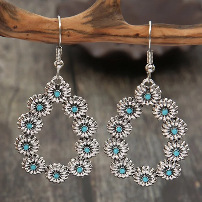 Vintage-Style Blue-Green Stone Daisy Drop Earrings