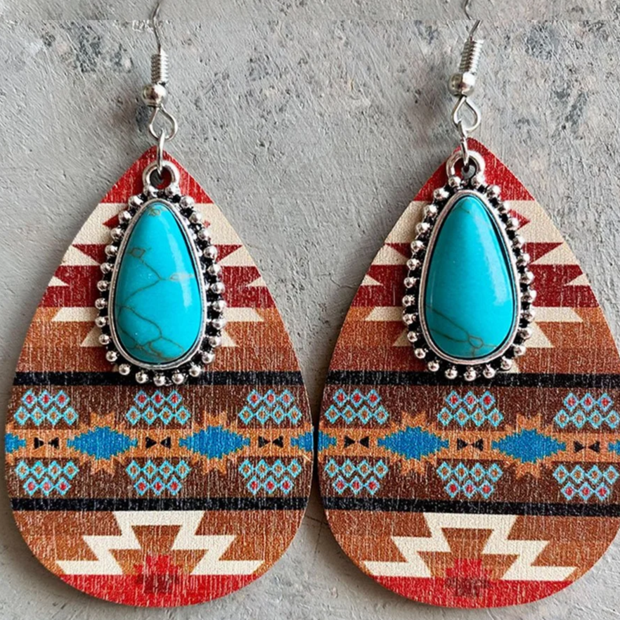 Blue-Green Stone Mandala Drop Earrings with Vintage Look
