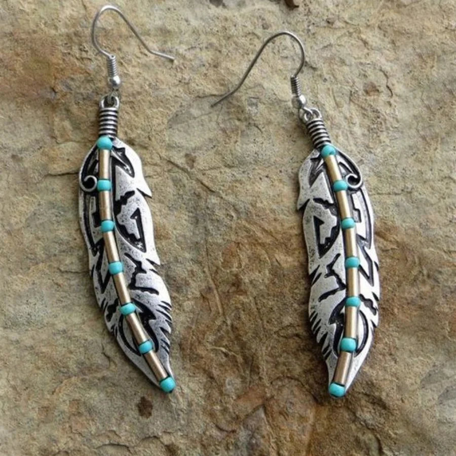 Vintage-Style Inlaid Blue-Green Stone Leaf Earrings