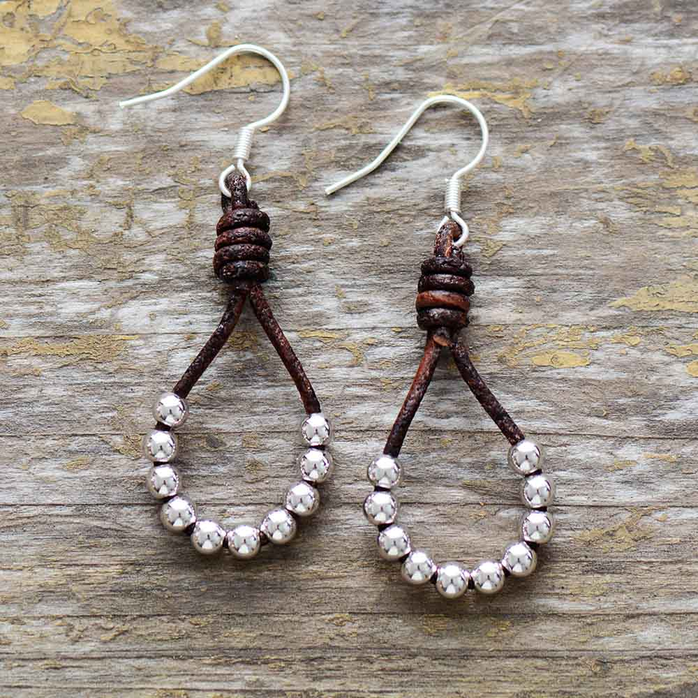 Vintage-Style Bead and Leather Earrings in Silver Colour