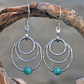 Triple Hoop Earrings with Blue-Green Stone in Silver Colour