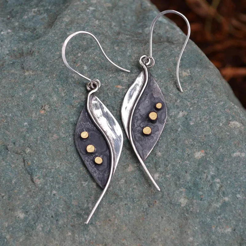Twin Leaf Earrings with Copper Dots in Silver Colour