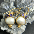 White Stone and Purple Zirconia Earrings in Gold Colour