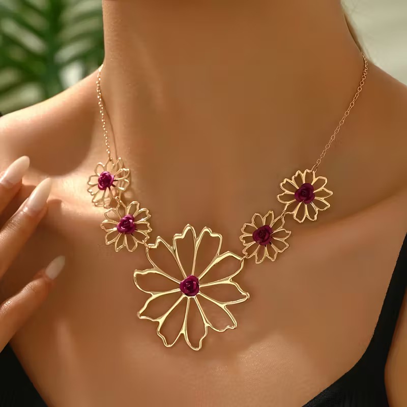 Red Stone Petal Necklace with Floral Arrangement and Rich Sparkle