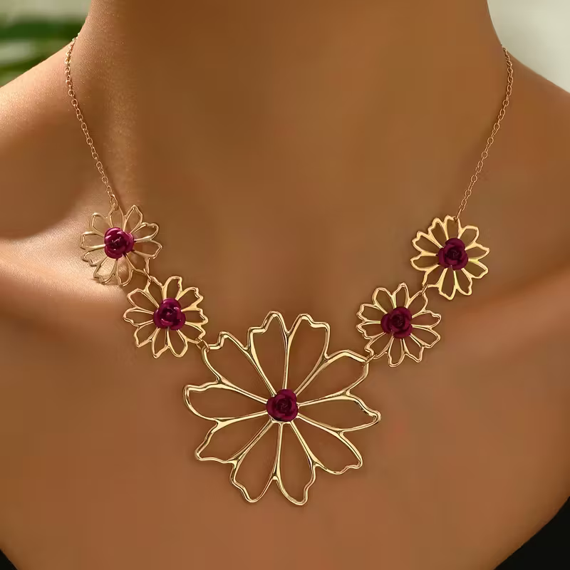 Red Stone Petal Necklace with Floral Arrangement and Rich Sparkle