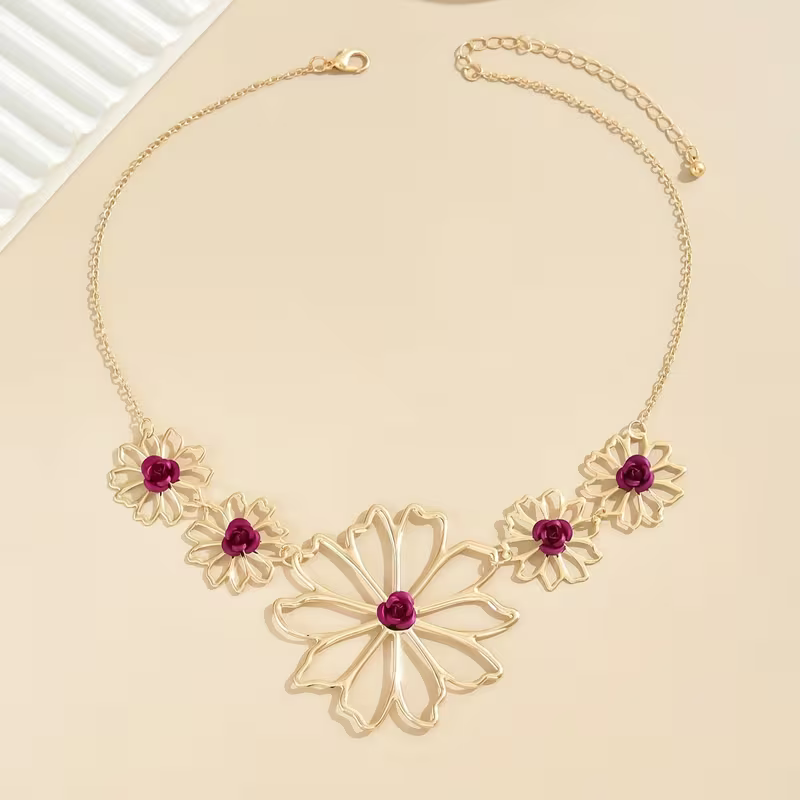 Red Stone Petal Necklace with Floral Arrangement and Rich Sparkle
