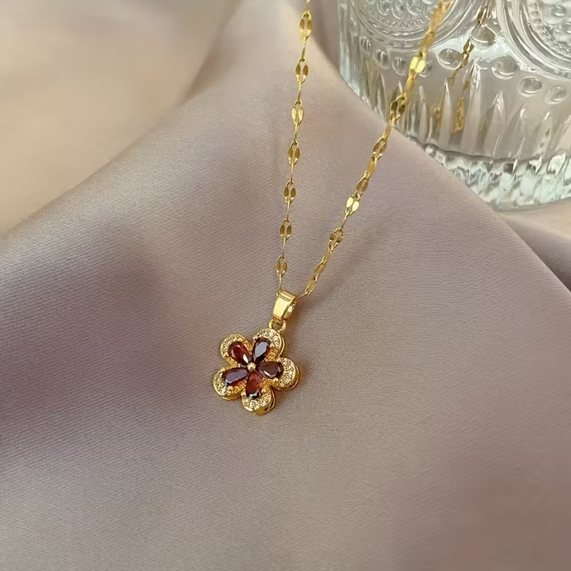 Red Stone Bloom Necklace with Rich Floral Sparkle for Evenings
