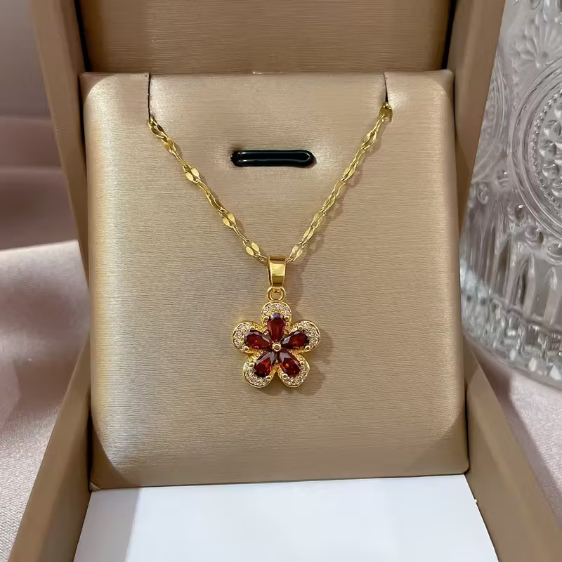 Red Stone Bloom Necklace with Rich Floral Sparkle for Evenings