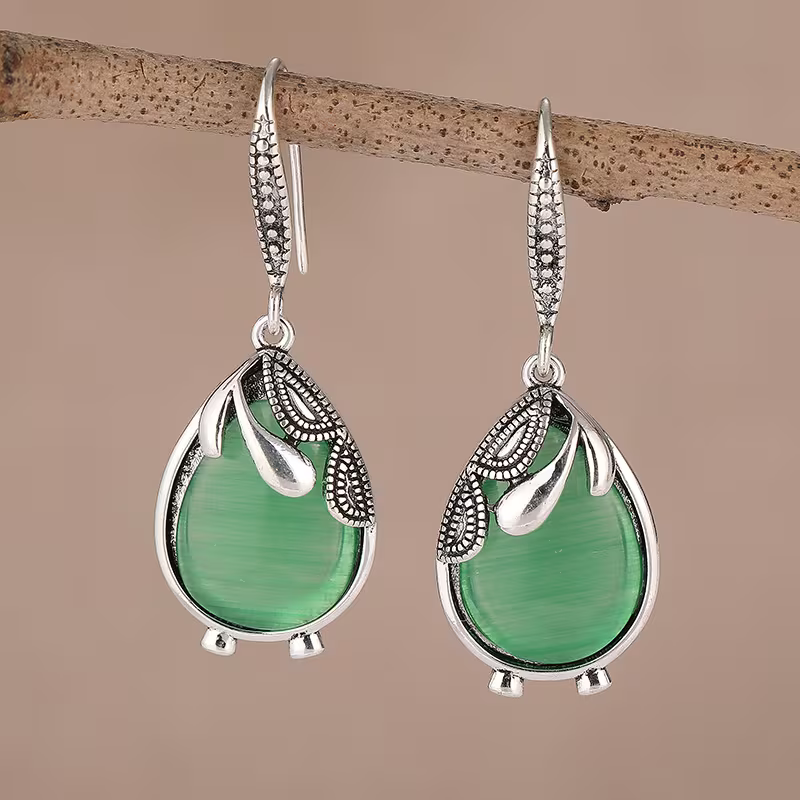 Green Teardrop Stone Earrings with Graceful Drop and Rich Colour
