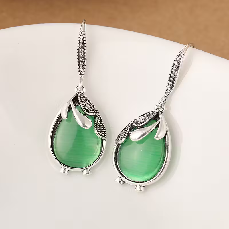 Green Teardrop Stone Earrings with Graceful Drop and Rich Colour