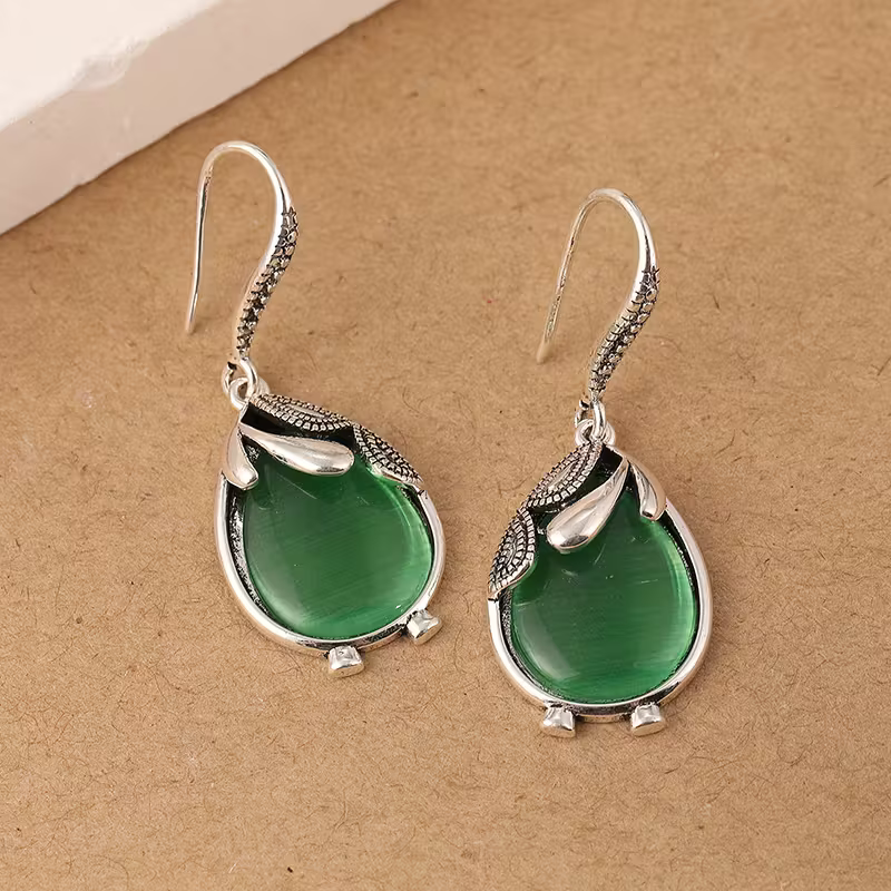 Green Teardrop Stone Earrings with Graceful Drop and Rich Colour