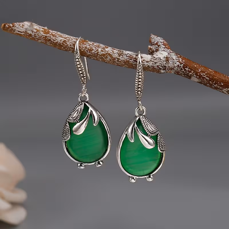Green Teardrop Stone Earrings with Graceful Drop and Rich Colour