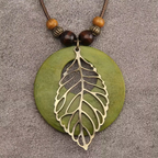 Green Disc and Filigree Leaf Pendant Necklace with Botanical Detail