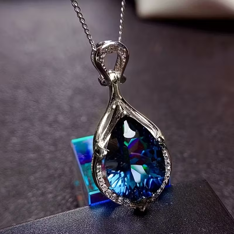 Deep Blue Teardrop Stone Pendant Necklace with Fine Chain