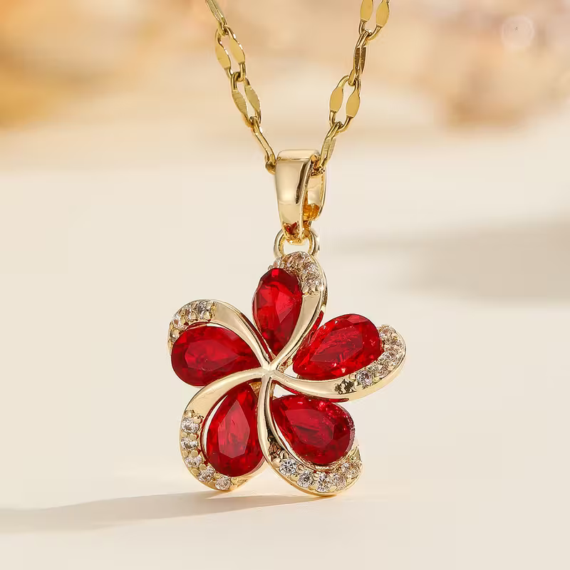 Red Stone Blossom Pendant Necklace with Deep Colour