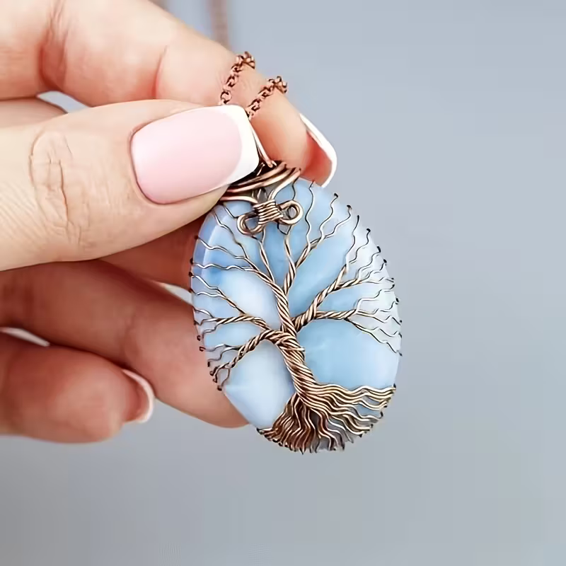 Tree of Life Pendant Necklace in Sky Blue Tones with Fresh Colour
