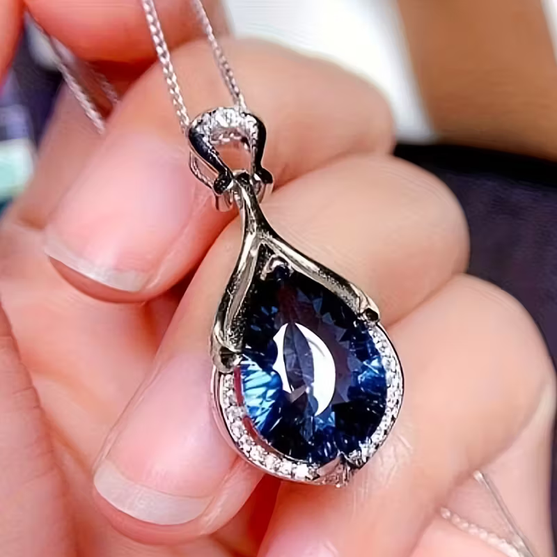 Deep Blue Teardrop Stone Pendant Necklace with Fine Chain