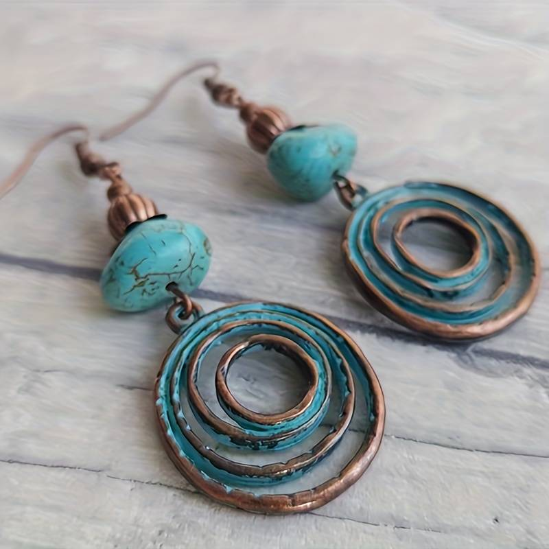 Vintage-Style Spiral Earrings with Blue-Green Stone