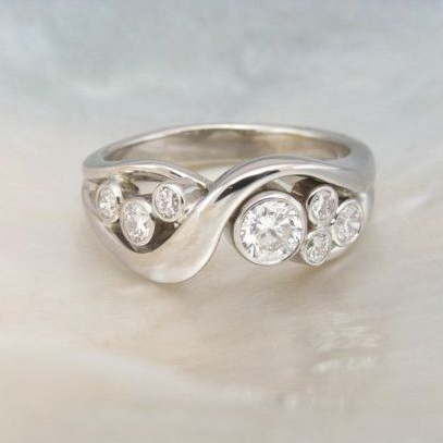 Wave Ring with Two Round Zirconia in Silver Colour