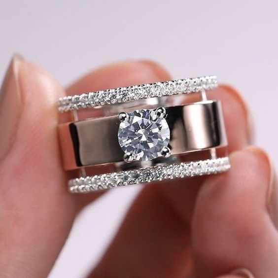 Two-Tone Open Bar Ring with Round Zirconia Centre and Sleek Profile