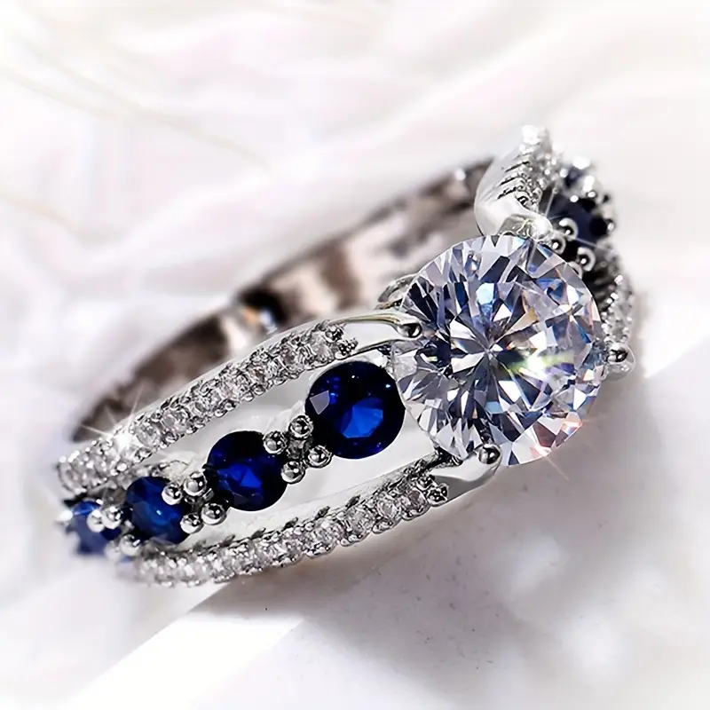 Vintage-Style Blue Zirconia Ring with Setting in Silver Colour